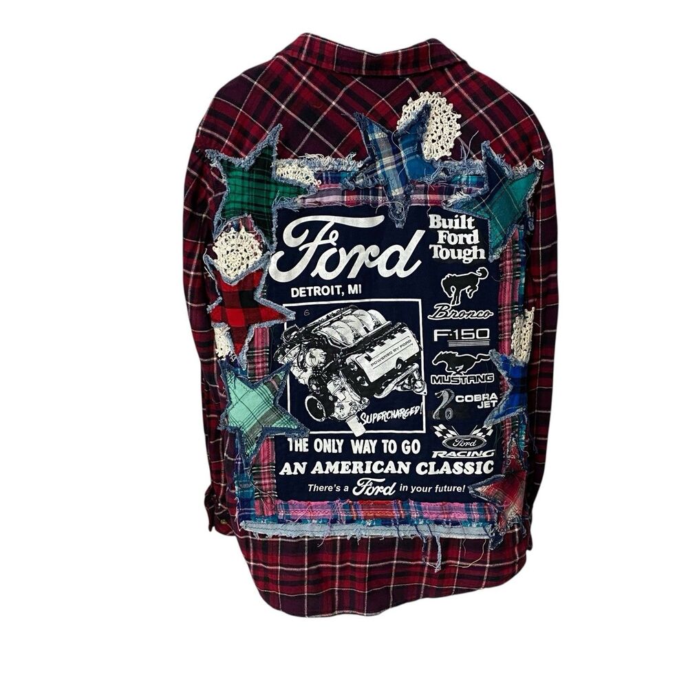 Upcycled Flannel Shirt Shacket Womens 1X Mechanic Grunge Patchwork Folk Art - Picture 16 of 16
